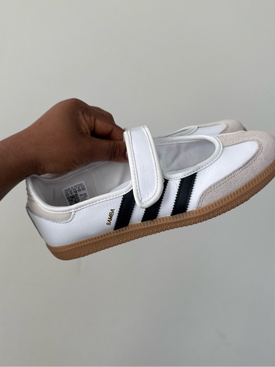 adidas Shoes - adidas Kids Samba White with Black Stripes & Gum Velcro Sneakers